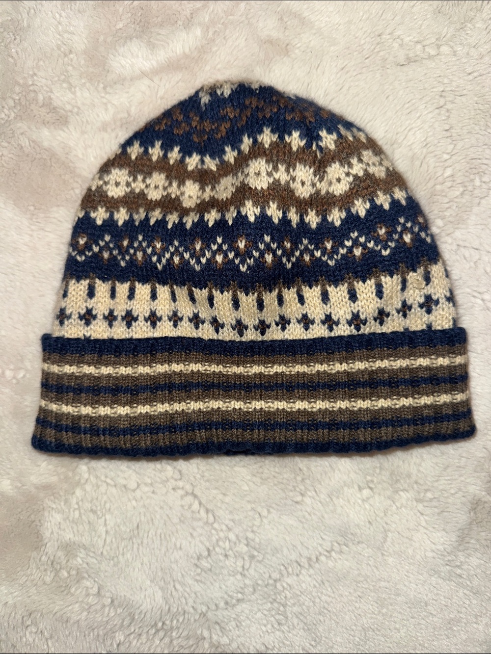 Unisex Knit Fair Isle Beanie Hat - Navy, Brown & Cream